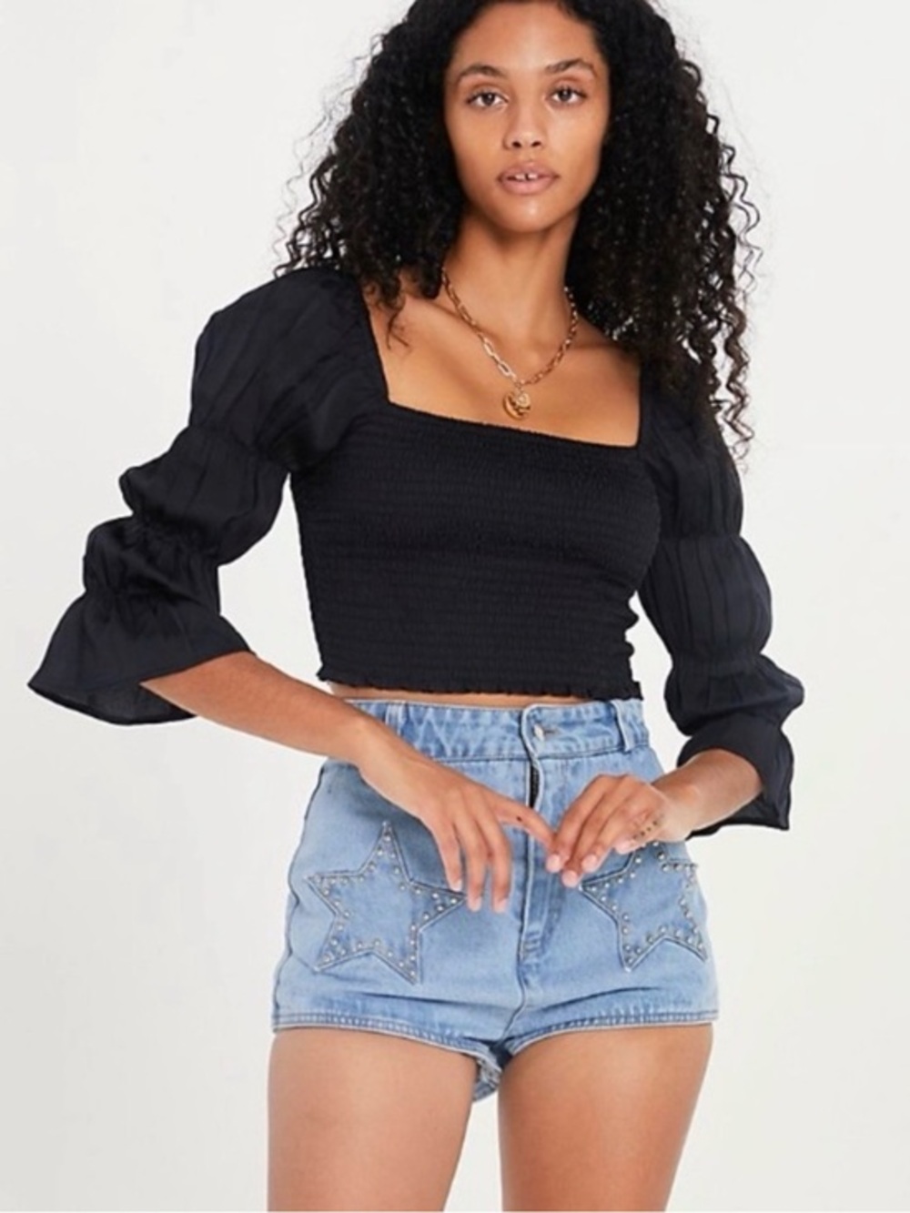 Free People So Shirred Smocked Crop Top Puff Sleeve